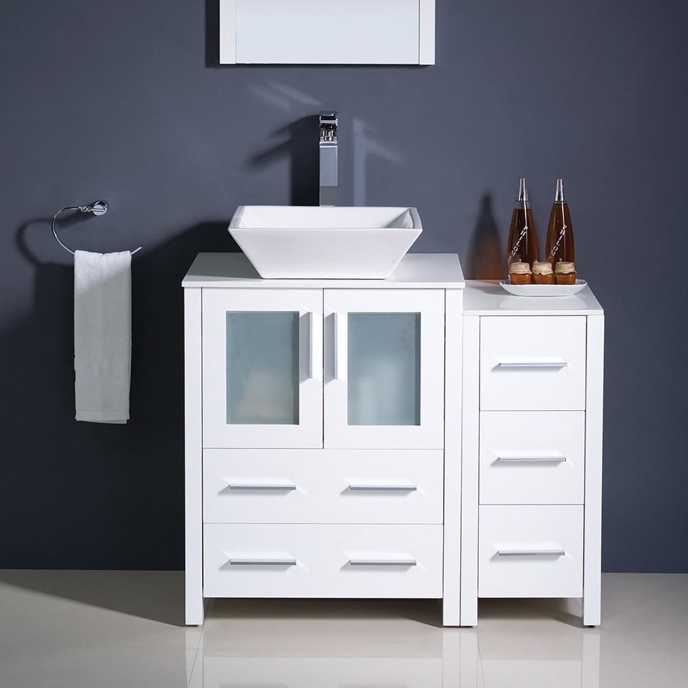 Torino 36" White Modern Vanity w/ Side Cabinet & Vessel Sink Free Faucet Vanity Fresca 