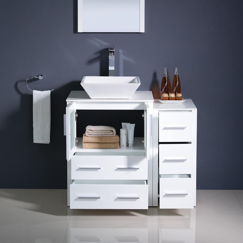 Torino 36" White Modern Vanity w/ Side Cabinet & Vessel Sink Free Faucet Vanity Fresca 