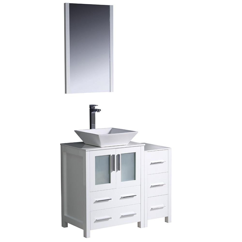 Torino 36" White Modern Vanity w/ Side Cabinet & Vessel Sink Free Faucet Vanity Fresca 