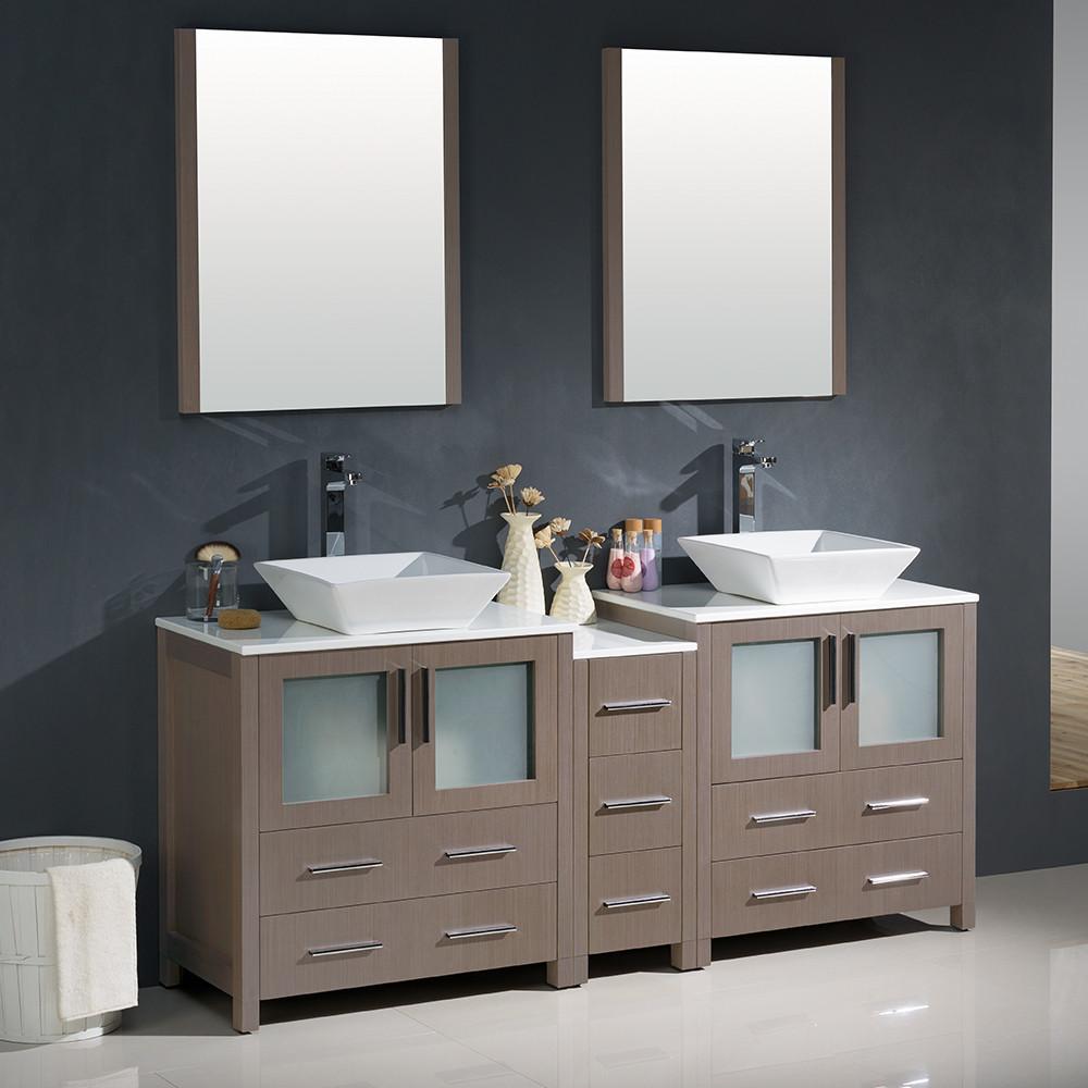 Fresca Torino 72" Gray Oak Modern Double Sink Vanity w/ Side Cabinet & Vessel Sinks Vanity Fresca 