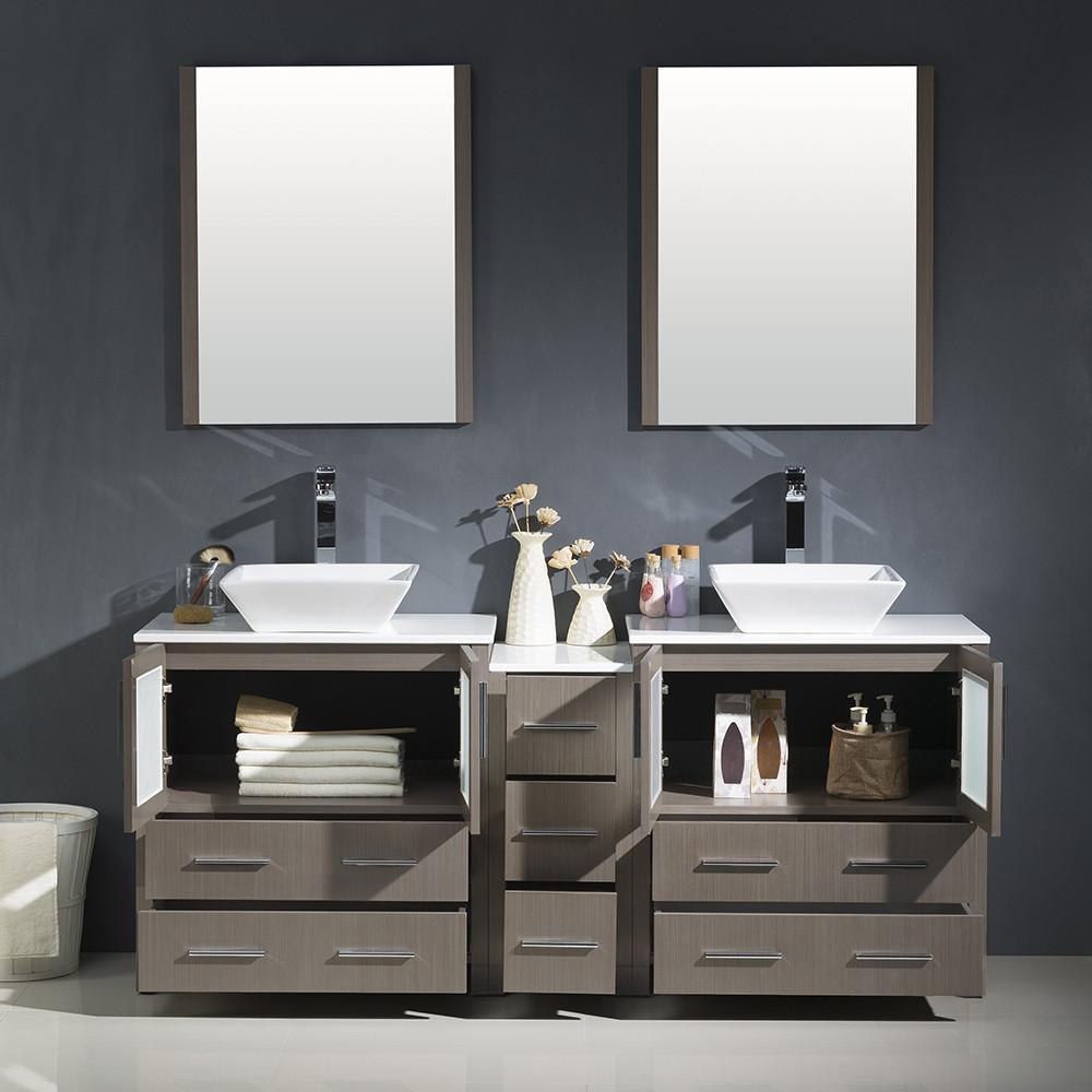 Fresca Torino 72" Gray Oak Modern Double Sink Vanity w/ Side Cabinet & Vessel Sinks Vanity Fresca 