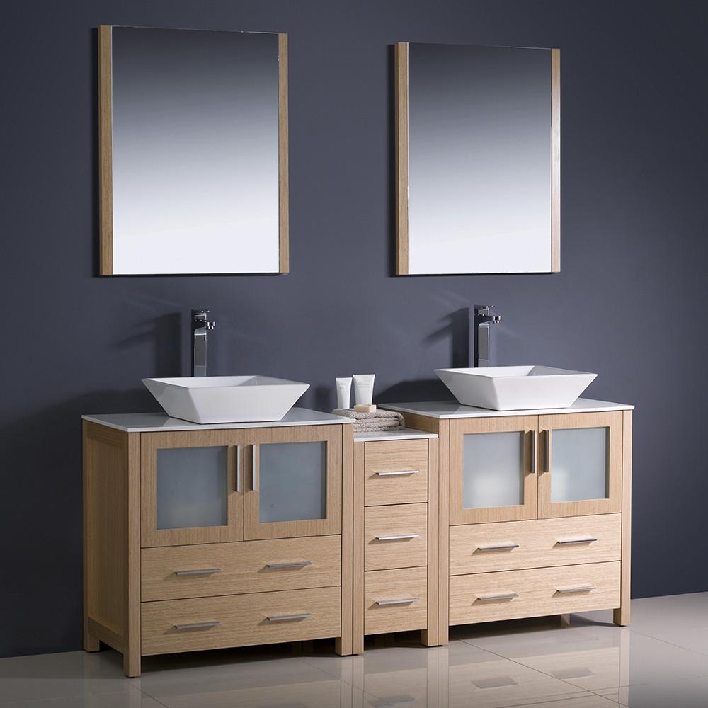 Fresca Torino 72" Light Oak Modern Double Sink Vanity w/ Side Cabinet & Vessel Sinks Vanity Fresca 