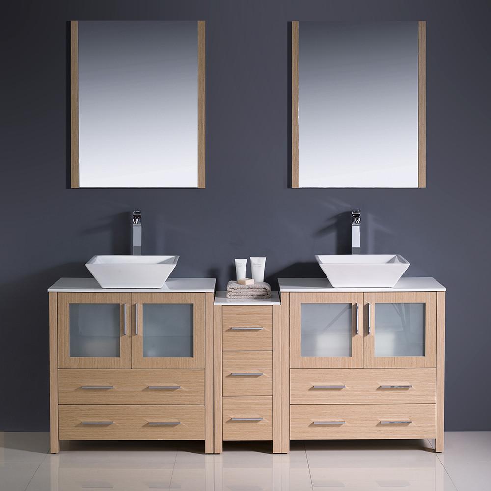 Fresca Torino 72" Light Oak Modern Double Sink Vanity w/ Side Cabinet & Vessel Sinks Vanity Fresca 