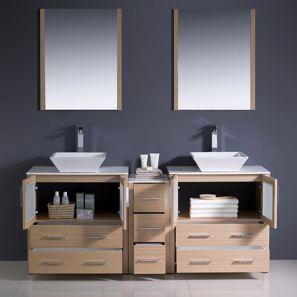 Fresca Torino 72" Light Oak Modern Double Sink Vanity w/ Side Cabinet & Vessel Sinks Vanity Fresca 