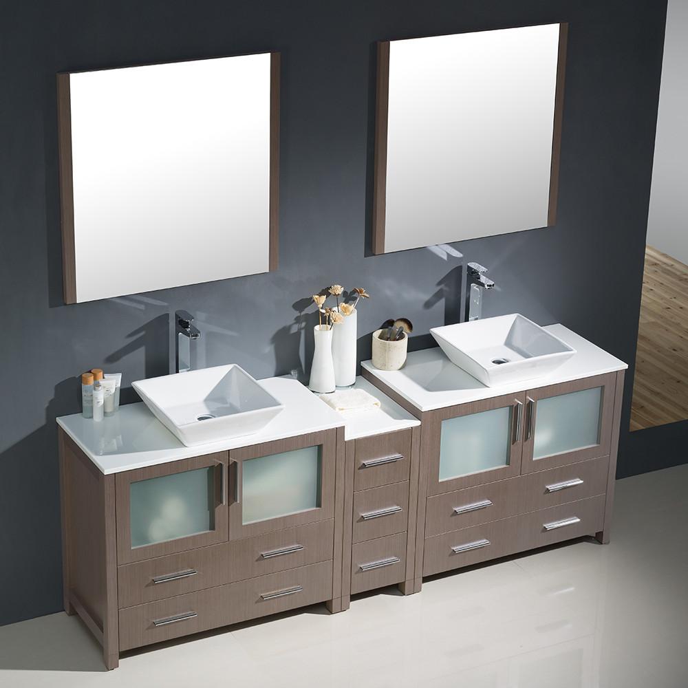 Fresca Torino 84" Gray Oak Modern Double Sink Vanity w/ Side Cabinet & Vessel Sinks Vanity Fresca 