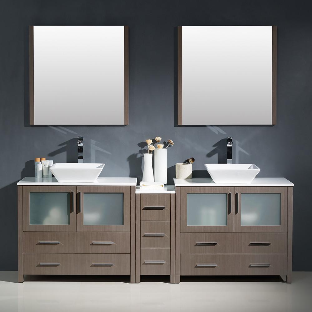 Fresca Torino 84" Gray Oak Modern Double Sink Vanity w/ Side Cabinet & Vessel Sinks Vanity Fresca 