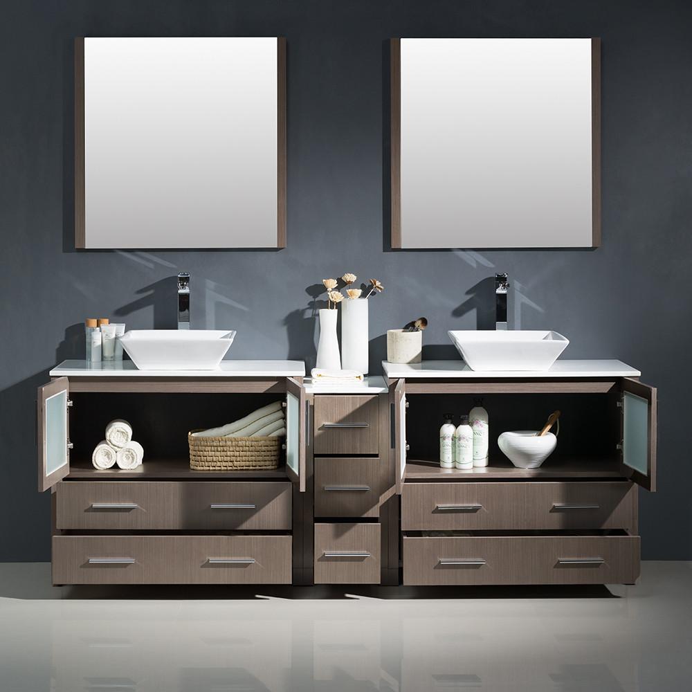 Fresca Torino 84" Gray Oak Modern Double Sink Vanity w/ Side Cabinet & Vessel Sinks Vanity Fresca 