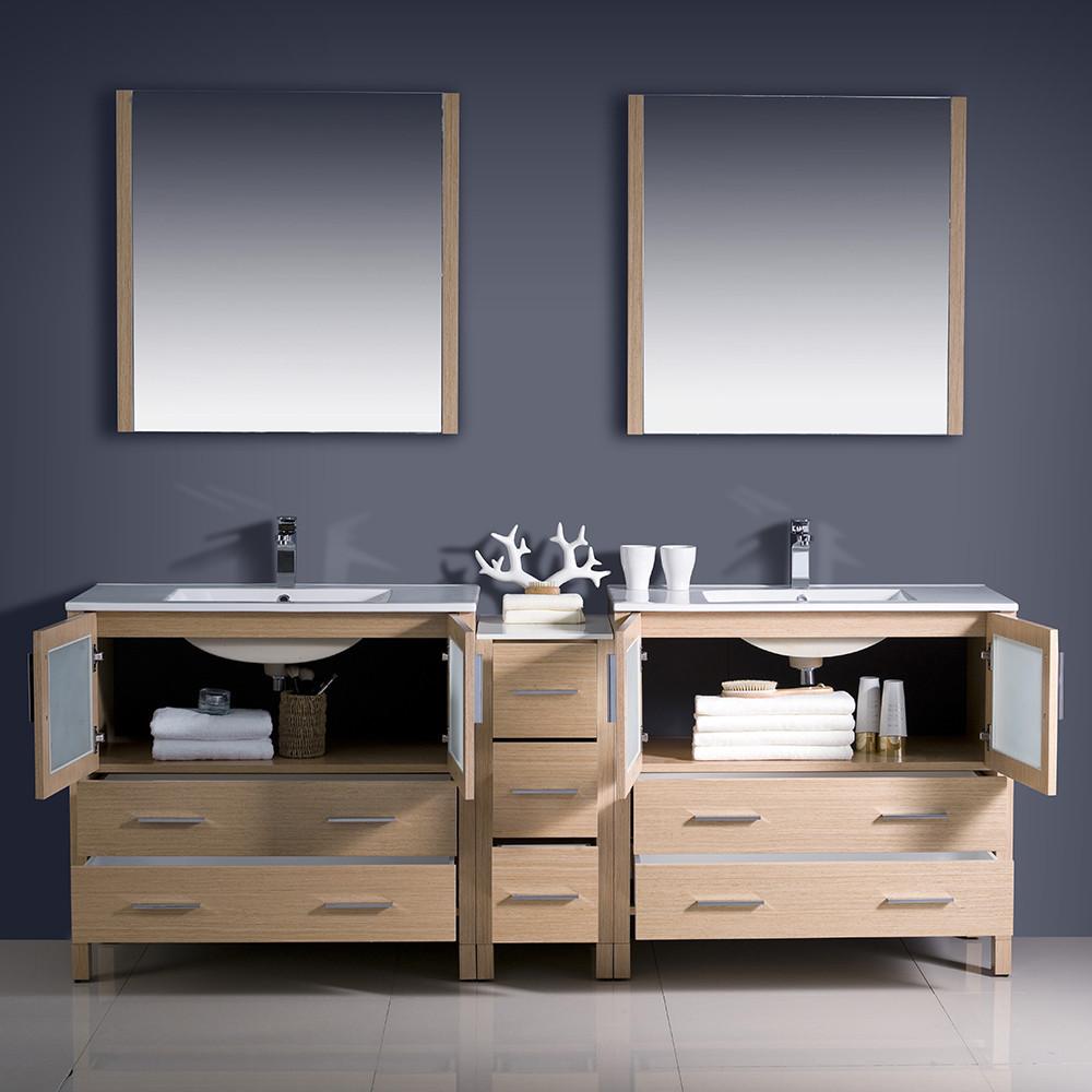 Fresca Torino 84" Light Oak Modern Double Sink Vanity w/ Side Cabinet & Integrated Sinks Vanity Fresca 
