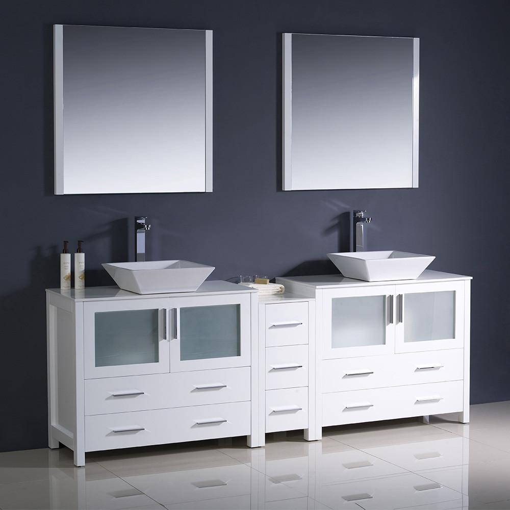 Fresca Torino 84" White Modern Double Sink Vanity w/ Side Cabinet & Vessel Sinks Vanity Fresca 