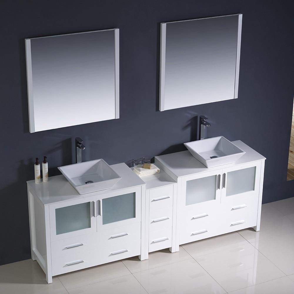 Fresca Torino 84" White Modern Double Sink Vanity w/ Side Cabinet & Vessel Sinks Vanity Fresca 