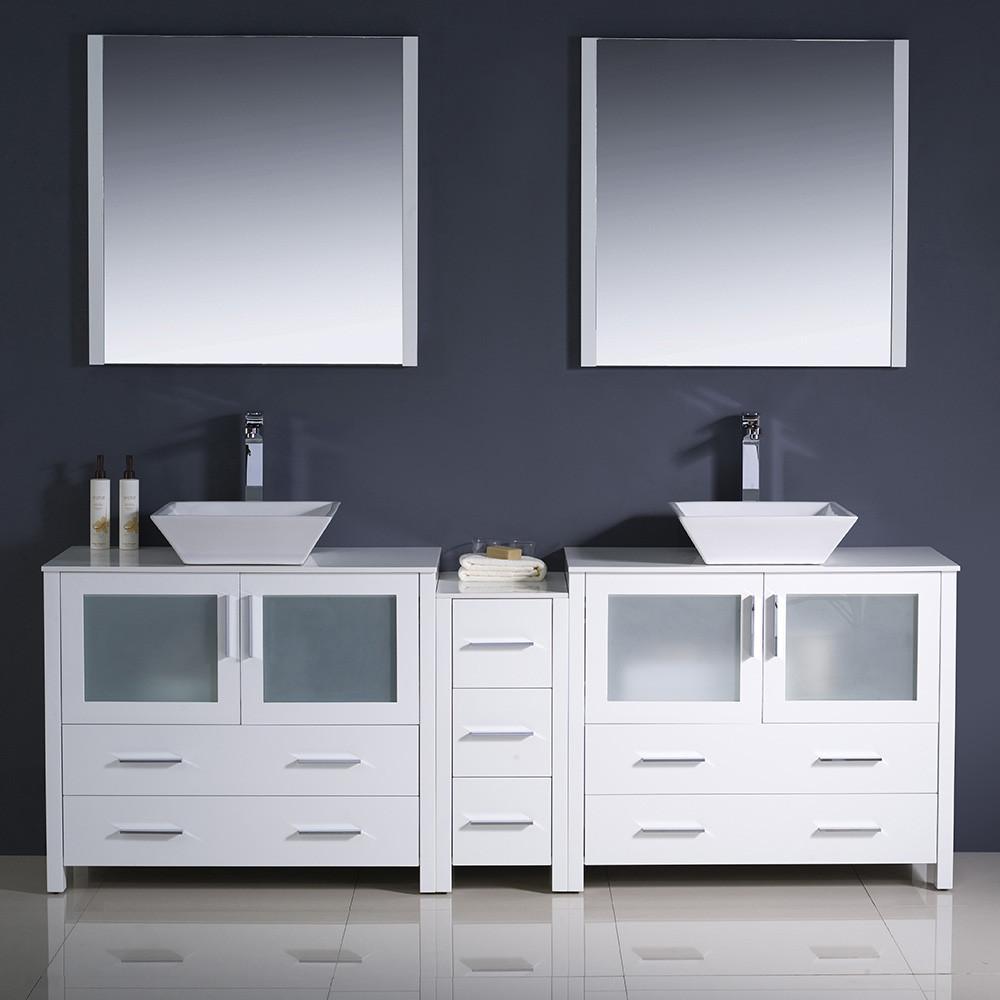 Fresca Torino 84" White Modern Double Sink Vanity w/ Side Cabinet & Vessel Sinks Vanity Fresca 