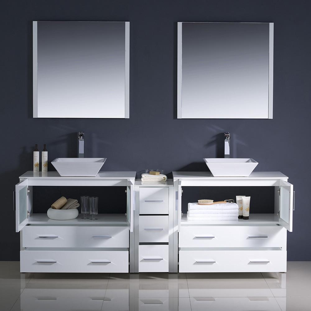 Fresca Torino 84" White Modern Double Sink Vanity w/ Side Cabinet & Vessel Sinks Vanity Fresca 