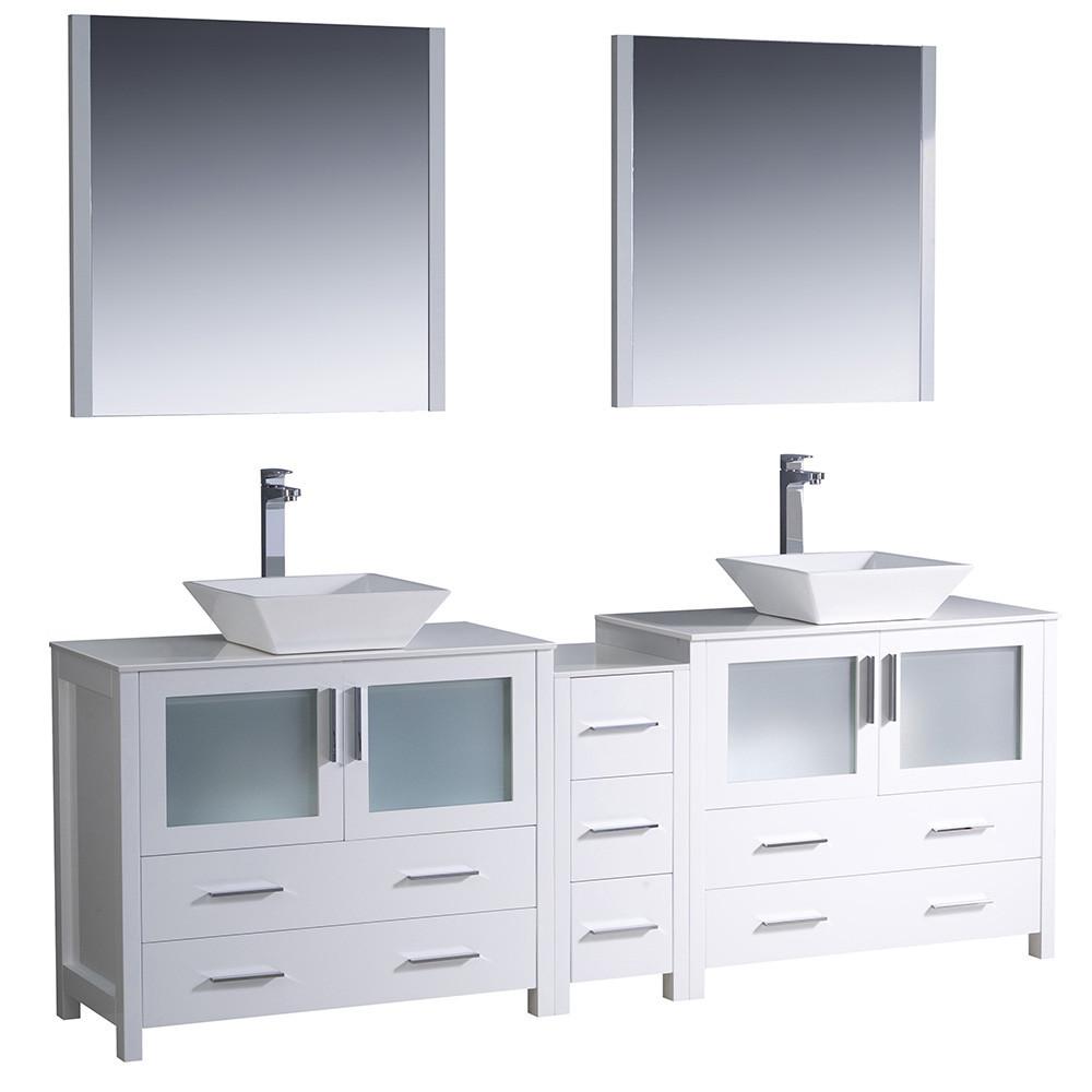 Fresca Torino 84" White Modern Double Sink Vanity w/ Side Cabinet & Vessel Sinks Vanity Fresca 