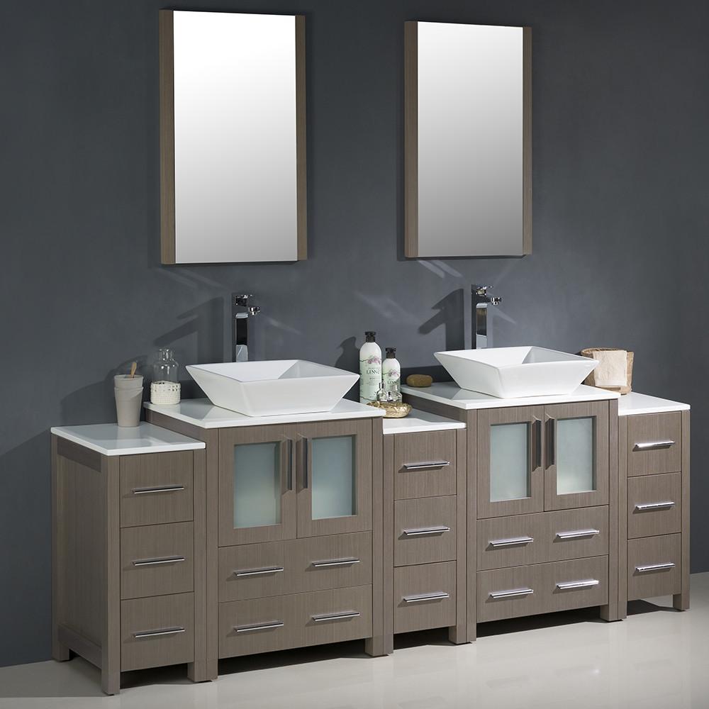 Fresca Torino 84" Gray Oak Modern Double Sink Vanity w/3 Side Cabinets & Vessel Sinks Vanity Fresca 