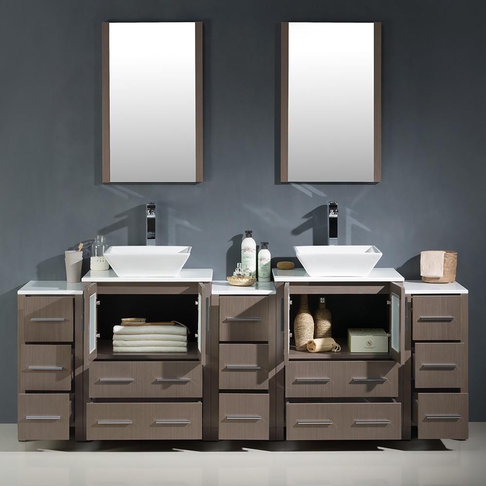 Fresca Torino 84" Gray Oak Modern Double Sink Vanity w/3 Side Cabinets & Vessel Sinks Vanity Fresca 