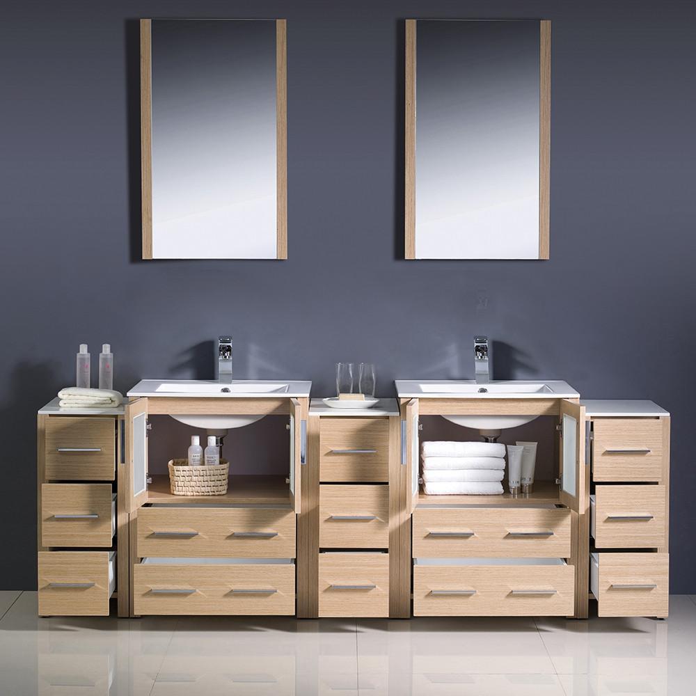 Fresca Torino 84" Light Oak Modern Double Sink Vanity w/3 Side Cabinets & Integrated Sinks Vanity Fresca 