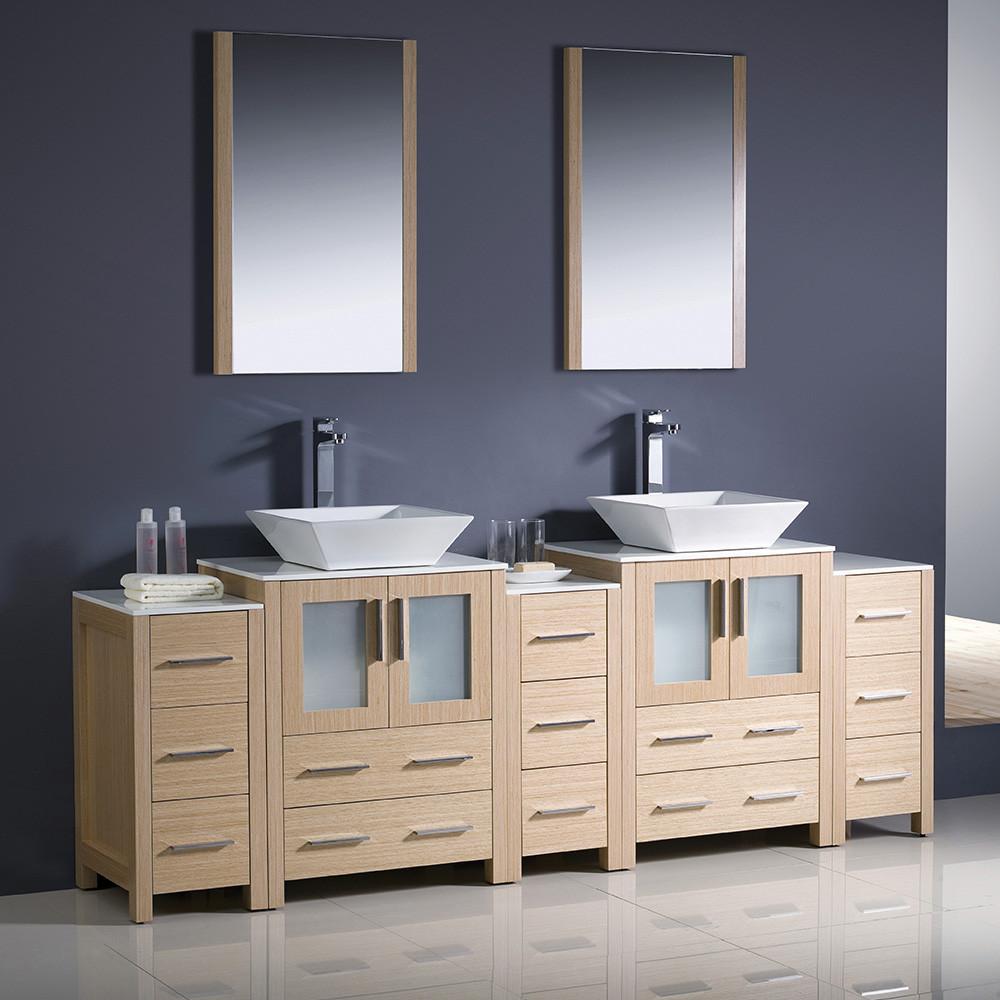 Fresca Torino 84" Light Oak Modern Double Sink Vanity w/3 Side Cabinets & Vessel Sinks Vanity Fresca 