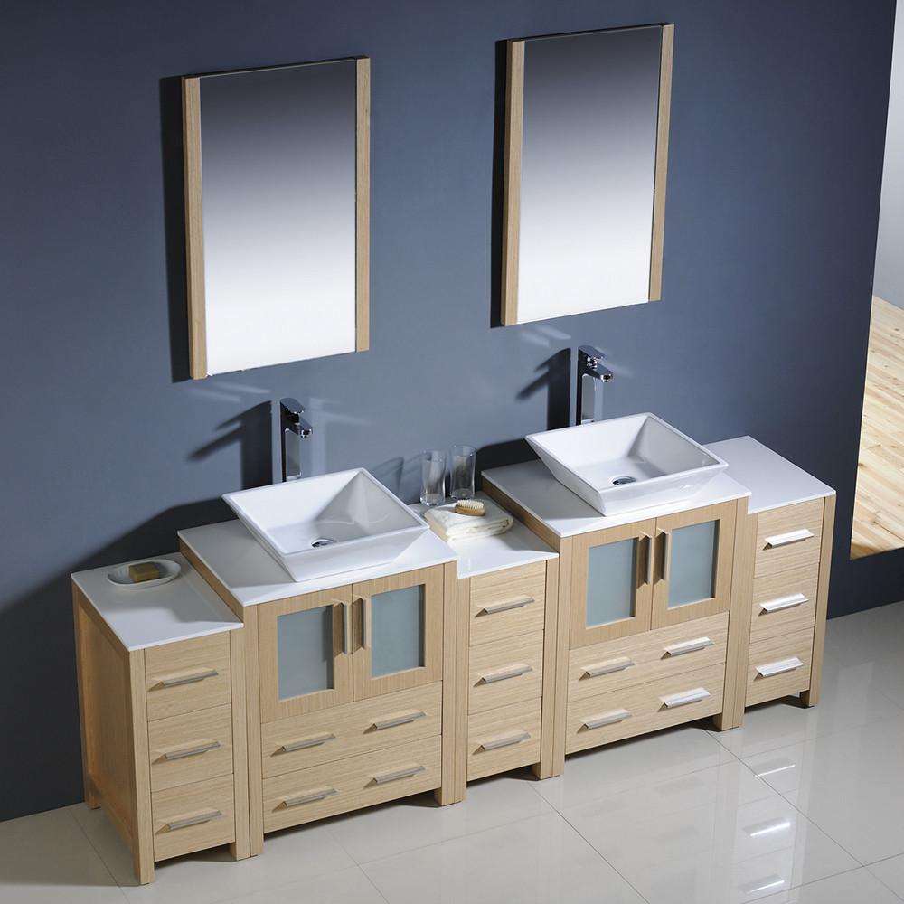 Fresca Torino 84" Light Oak Modern Double Sink Vanity w/3 Side Cabinets & Vessel Sinks Vanity Fresca 