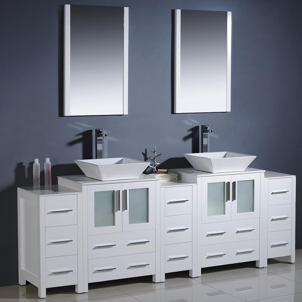 Fresca Torino 84" White Modern Double Sink Vanity w/3 Side Cabinets & Vessel Sinks Vanity Fresca 