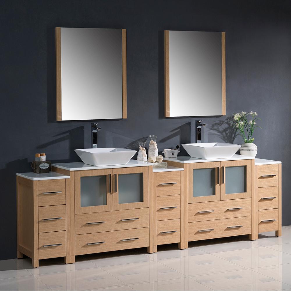 Fresca Torino 96" Light Oak Modern Double Sink Vanity w/ 3 Side Cabinets & Vessel Sinks Vanity Fresca 