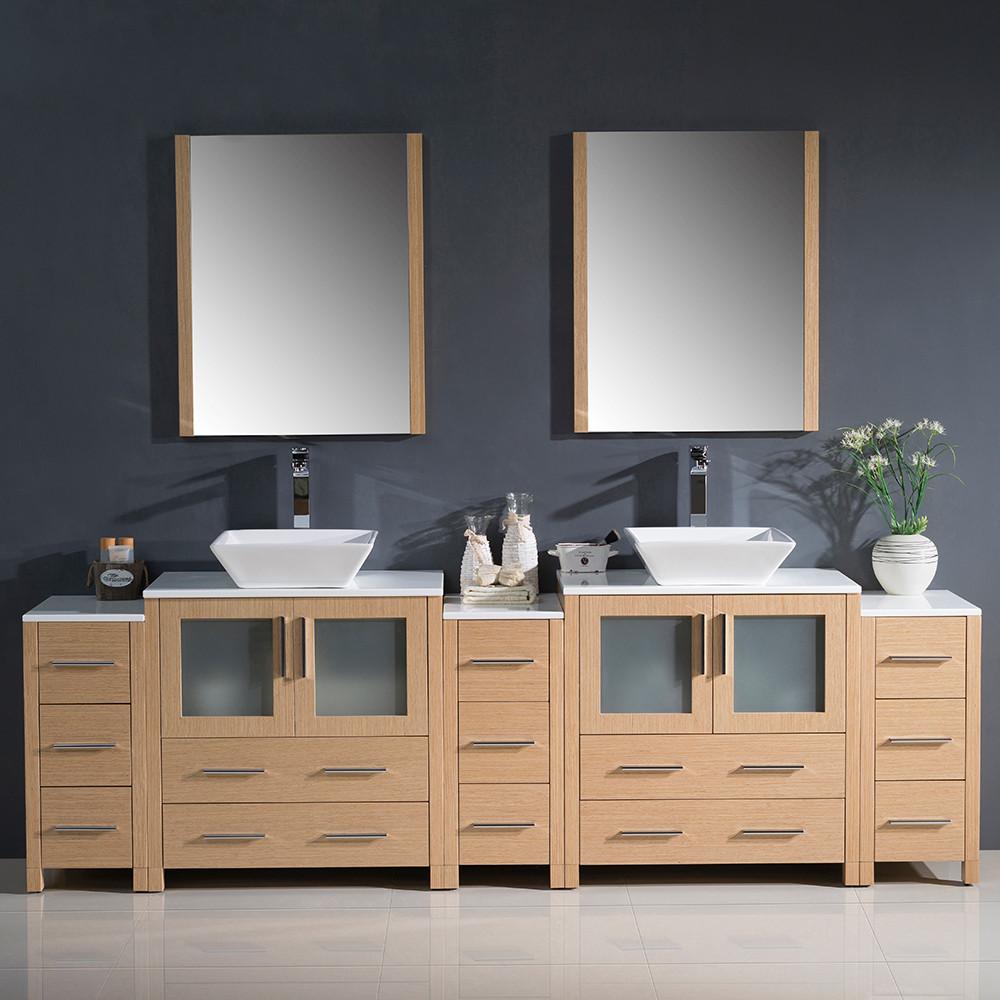 Fresca Torino 96" Light Oak Modern Double Sink Vanity w/ 3 Side Cabinets & Vessel Sinks Vanity Fresca 