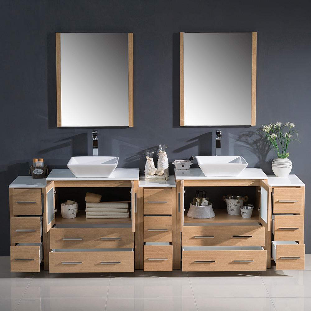 Fresca Torino 96" Light Oak Modern Double Sink Vanity w/ 3 Side Cabinets & Vessel Sinks Vanity Fresca 