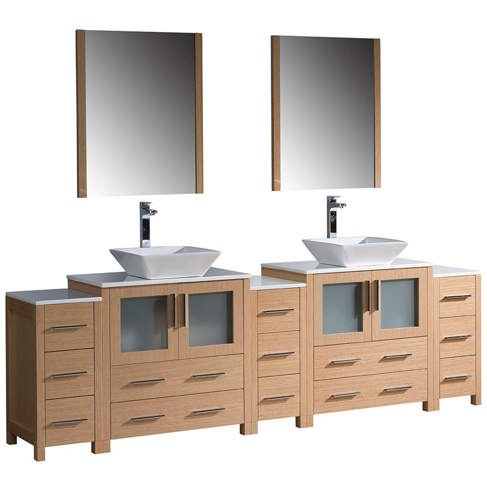 Fresca Torino 96" Light Oak Modern Double Sink Vanity w/ 3 Side Cabinets & Vessel Sinks Vanity Fresca 
