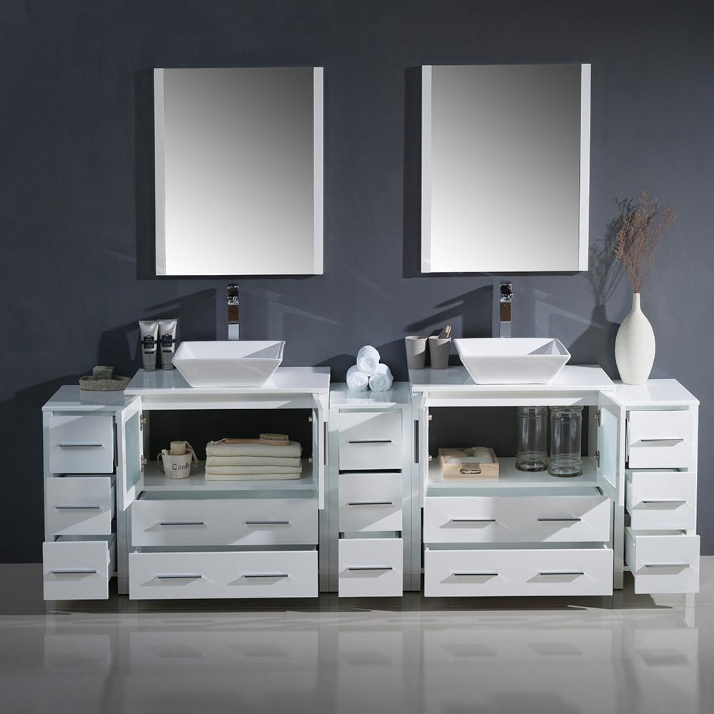 Fresca Torino 96" White Modern Double Sink Vanity w/ 3 Side Cabinets & Vessel Sinks Vanity Fresca 