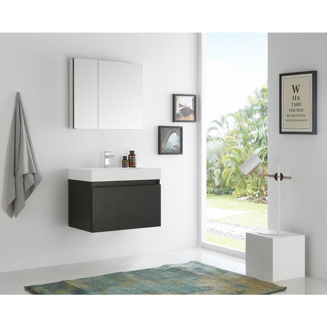 Fresca Mezzo 30" Black Wall Hung Modern Bathroom Vanity w/ Medicine Cabinet & Free Faucet Vanity Fresca 