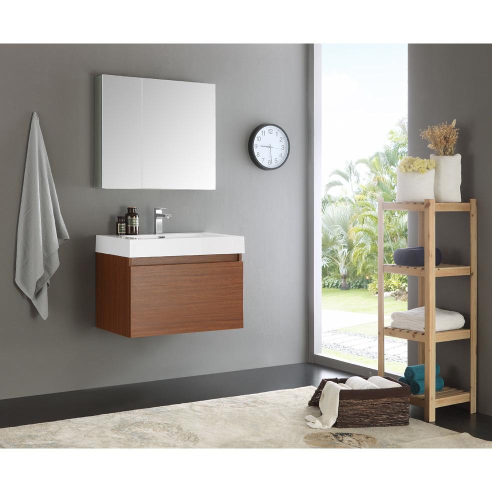 Fresca Mezzo 30" Teak Wall Hung Modern Bathroom Vanity w/ Medicine Cabinet & Free Faucet Vanity Fresca 