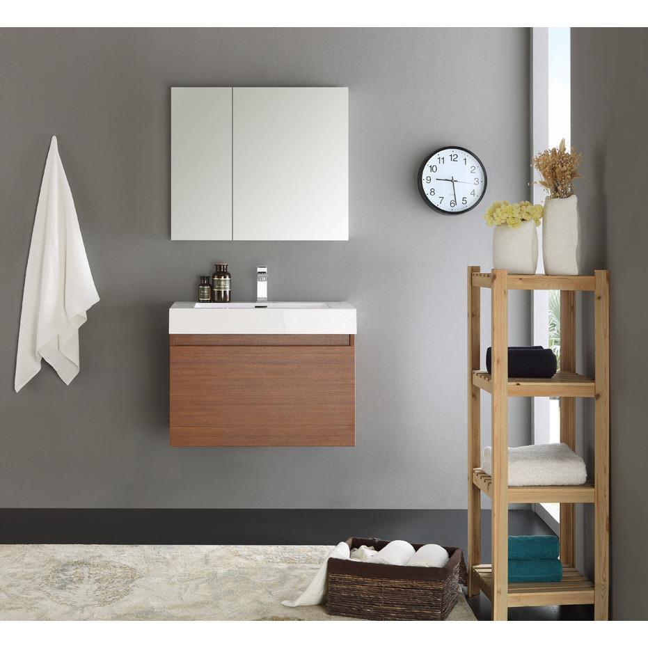 Fresca Mezzo 30" Teak Wall Hung Modern Bathroom Vanity w/ Medicine Cabinet & Free Faucet Vanity Fresca 