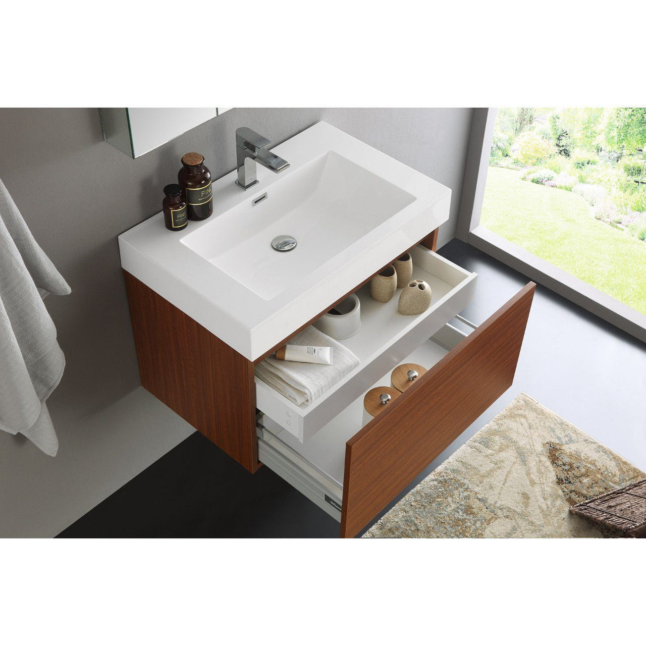 Fresca Mezzo 30" Teak Wall Hung Modern Bathroom Vanity w/ Medicine Cabinet & Free Faucet Vanity Fresca 