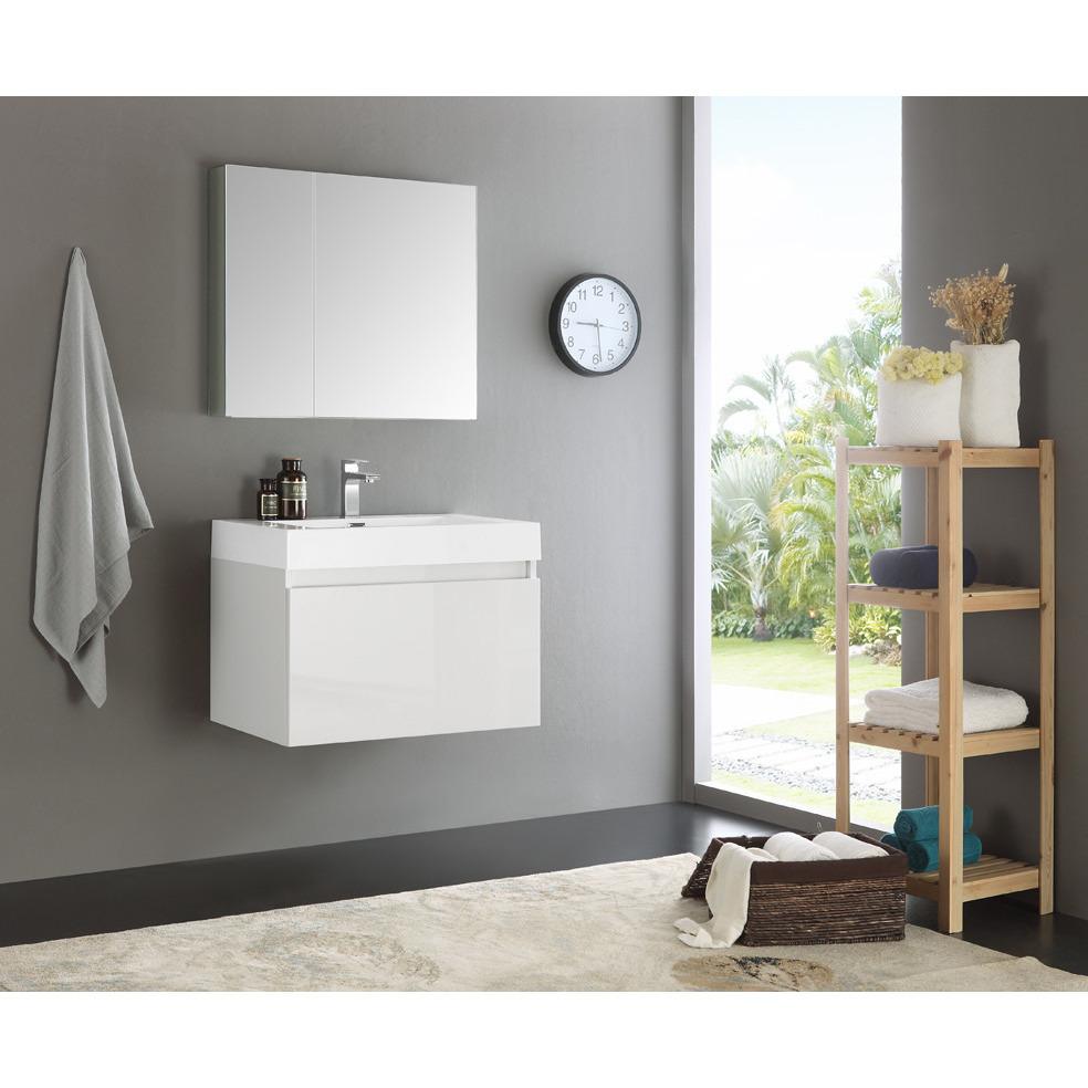 Fresca Mezzo 30" White Wall Hung Modern Bathroom Vanity w/ Medicine Cabinet & Free Faucet Vanity Fresca 