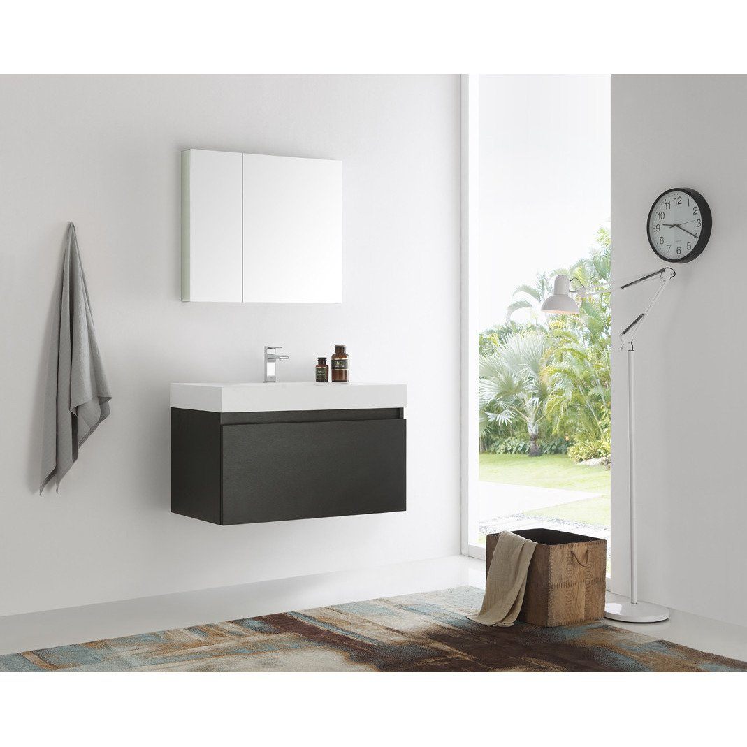 Fresca Mezzo 36" Black Wall Hung Modern Vanity w/ Medicine Cabinet & Free Faucet Vanity Fresca 