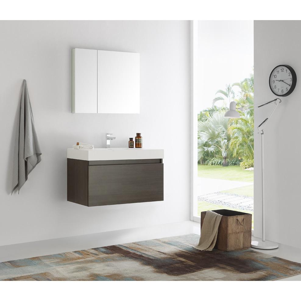 Fresca Mezzo 36" Gray Oak Wall Hung Modern Bathroom Vanity w/ Medicine Cabinet & Free Faucet Vanity Fresca 