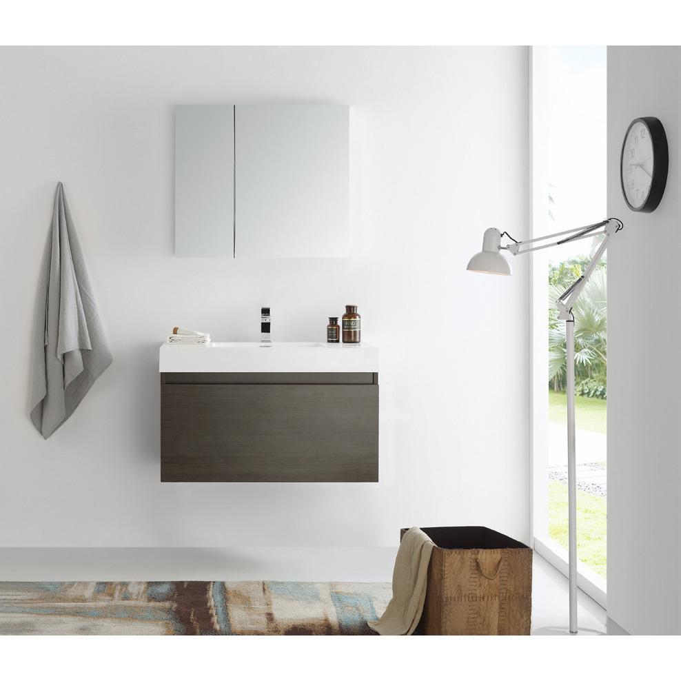 Fresca Mezzo 36" Gray Oak Wall Hung Modern Bathroom Vanity w/ Medicine Cabinet & Free Faucet Vanity Fresca 
