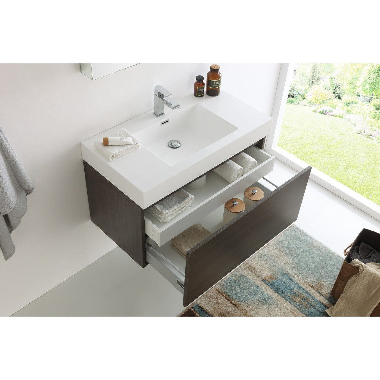 Fresca Mezzo 36" Gray Oak Wall Hung Modern Bathroom Vanity w/ Medicine Cabinet & Free Faucet Vanity Fresca 