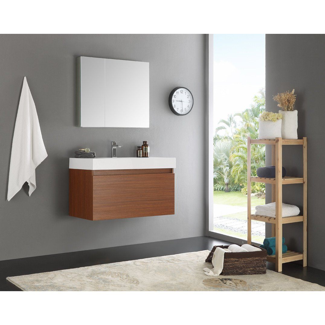 Fresca Mezzo 36" Teak Wall Hung Modern Bathroom Vanity w/ Medicine Cabinet & Free Faucet Vanity Fresca 