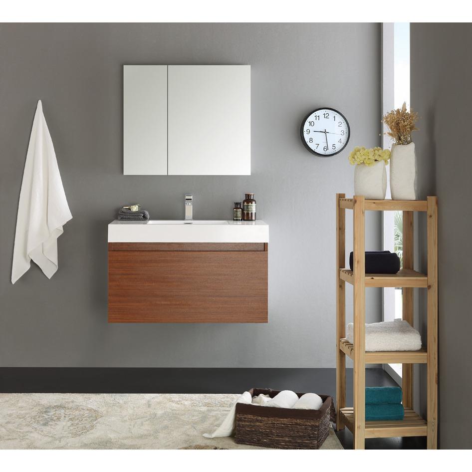 Fresca Mezzo 36" Teak Wall Hung Modern Bathroom Vanity w/ Medicine Cabinet & Free Faucet Vanity Fresca 