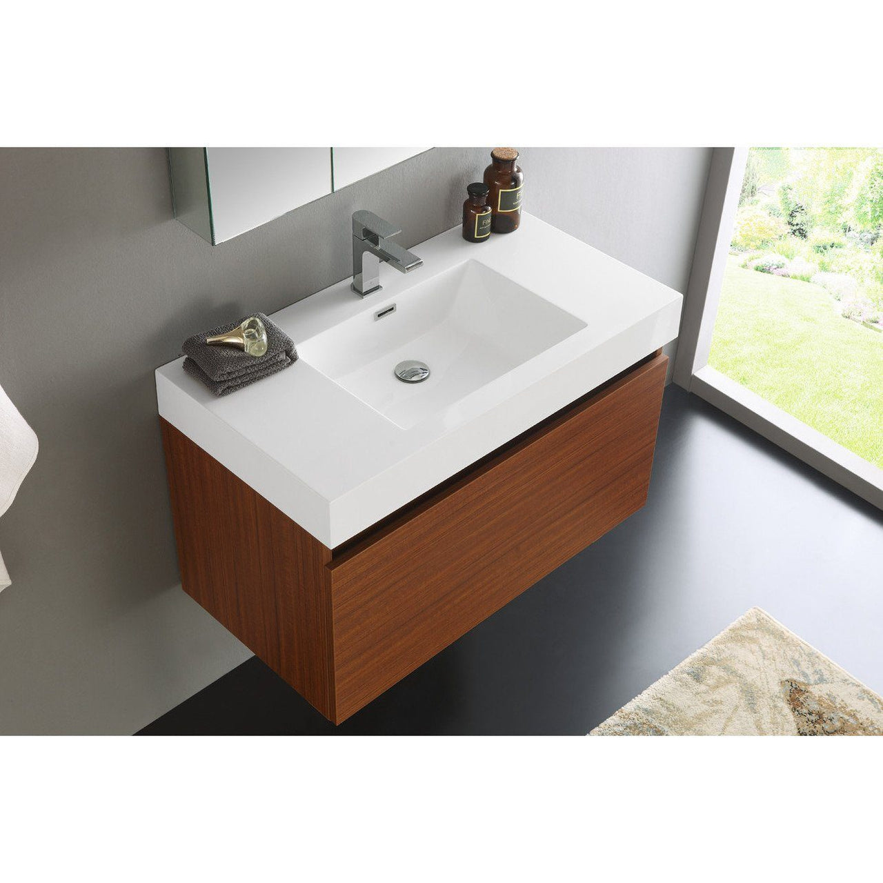 Fresca Mezzo 36" Teak Wall Hung Modern Bathroom Vanity w/ Medicine Cabinet & Free Faucet Vanity Fresca 