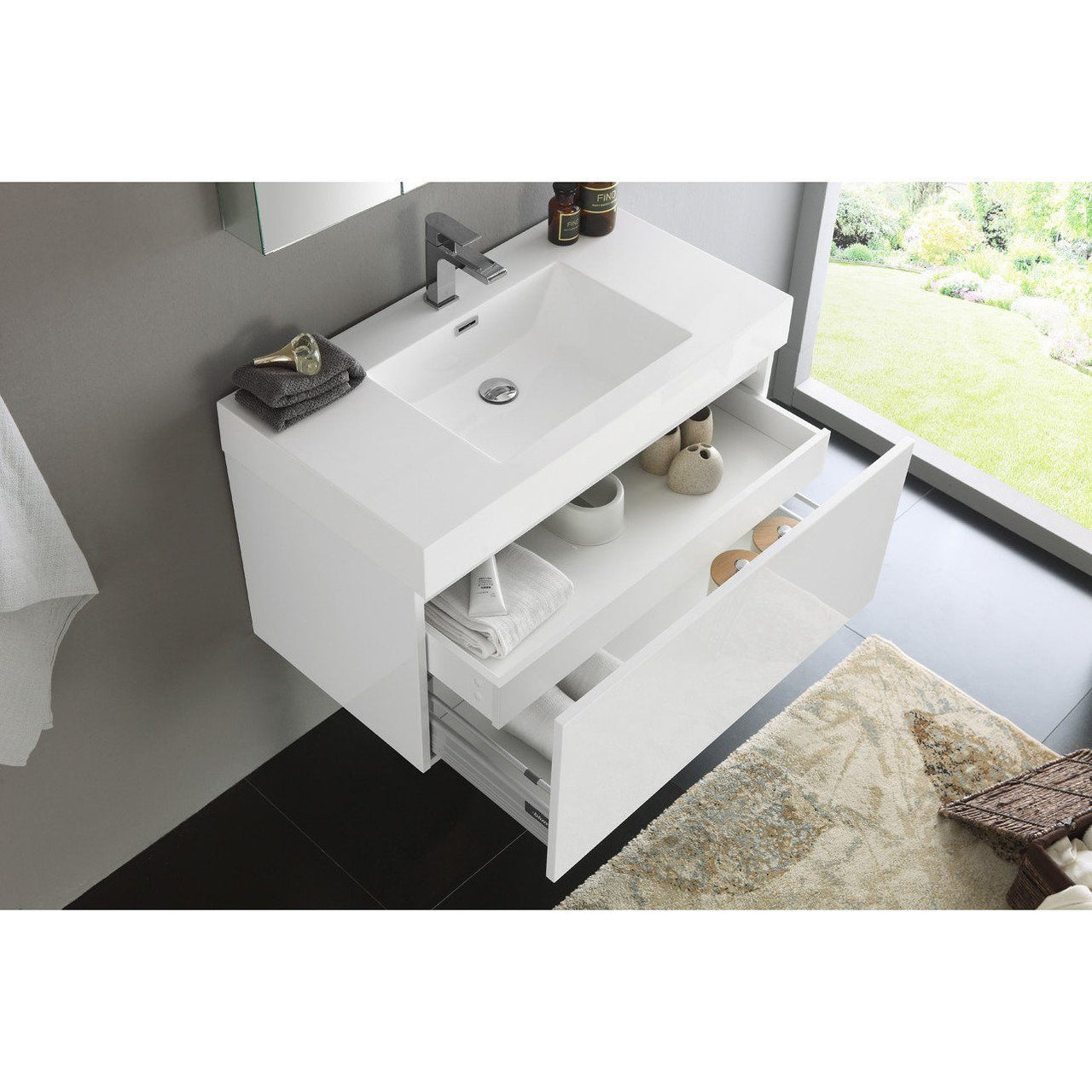 Fresca Mezzo 36" White Wall Hung Modern Bathroom Vanity w/ Medicine Cabinet & Free Faucet Vanity Fresca 