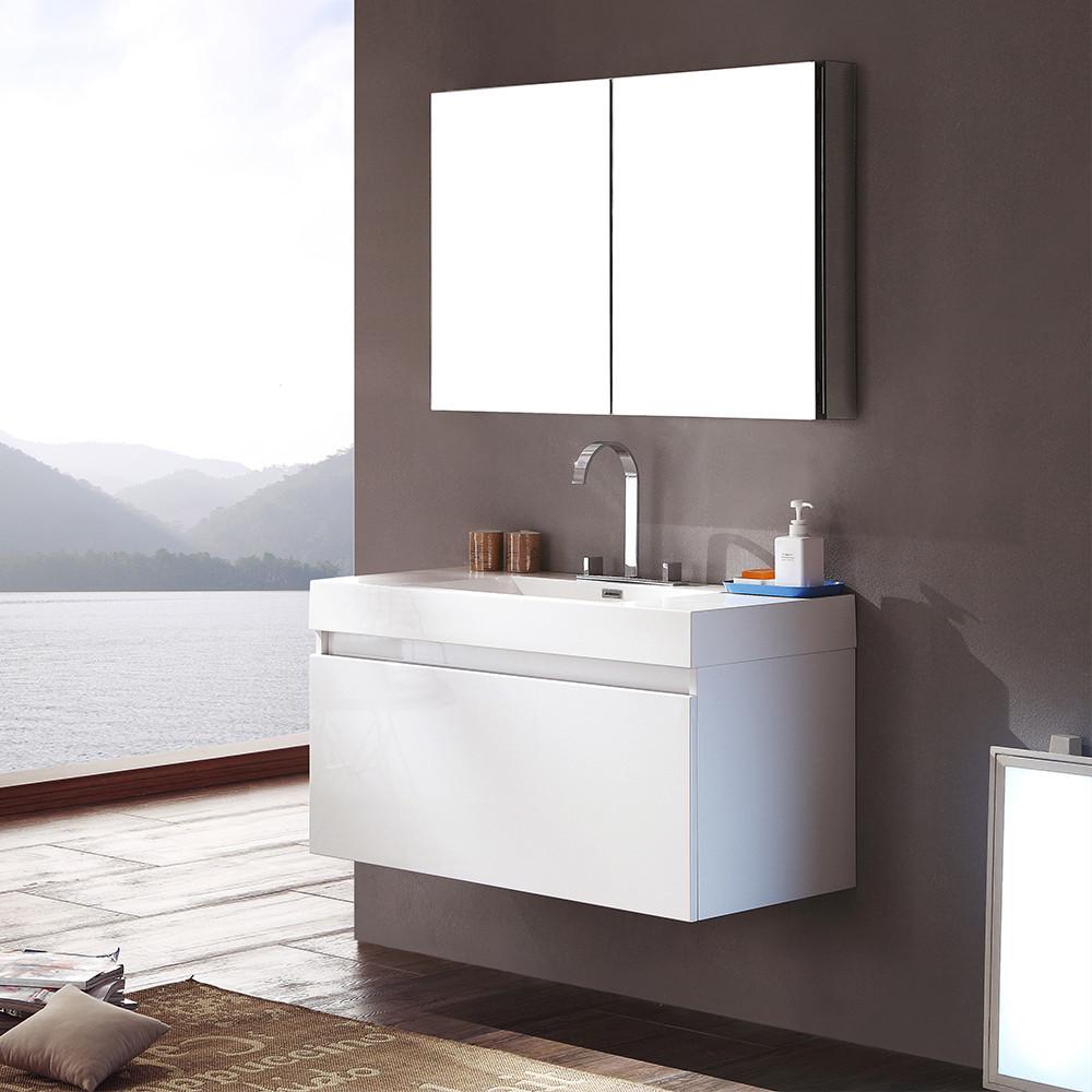 Fresca Mezzo White Modern Bathroom Vanity w/ Medicine Cabinet Free Faucet Vanity Fresca 