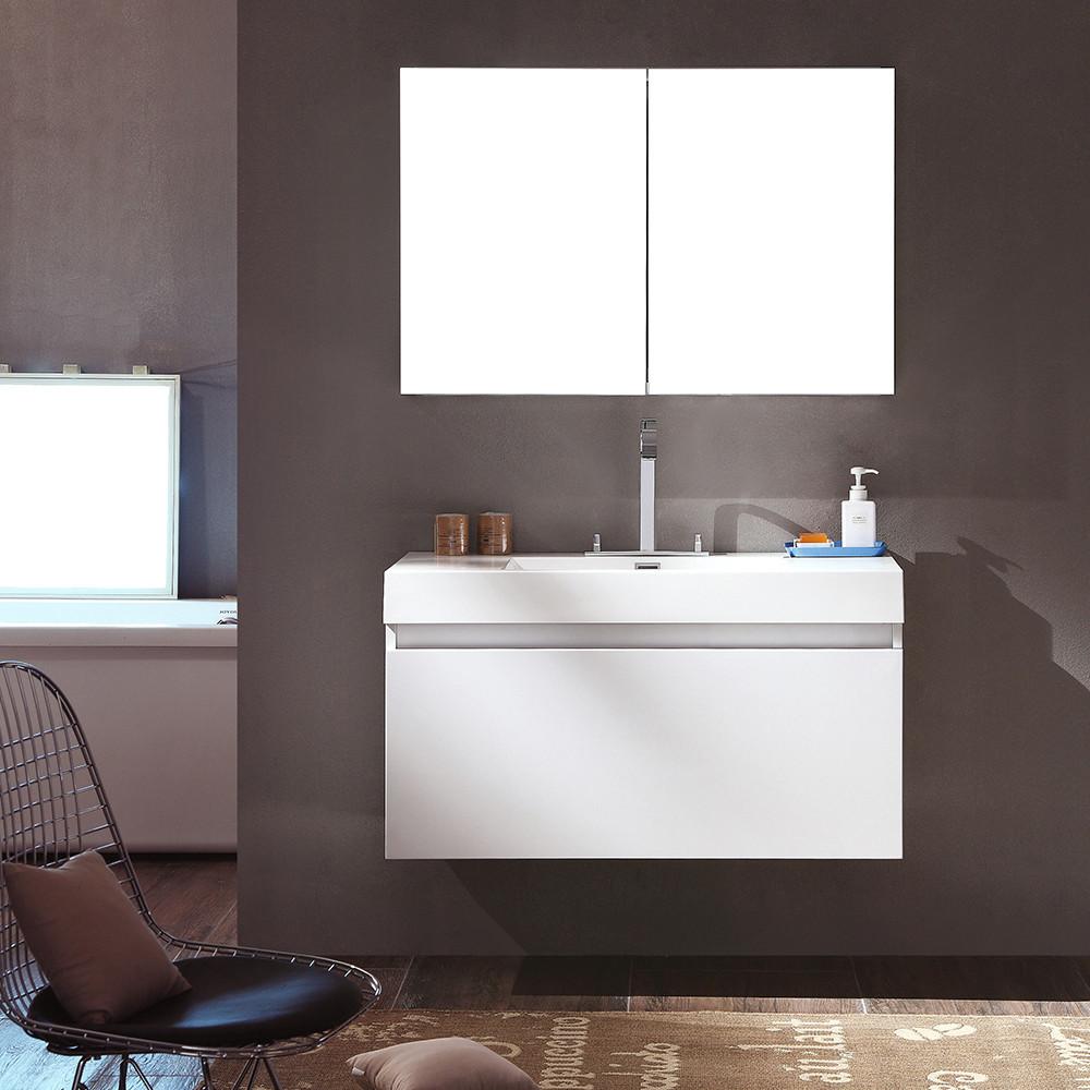 Fresca Mezzo White Modern Bathroom Vanity w/ Medicine Cabinet Free Faucet Vanity Fresca 