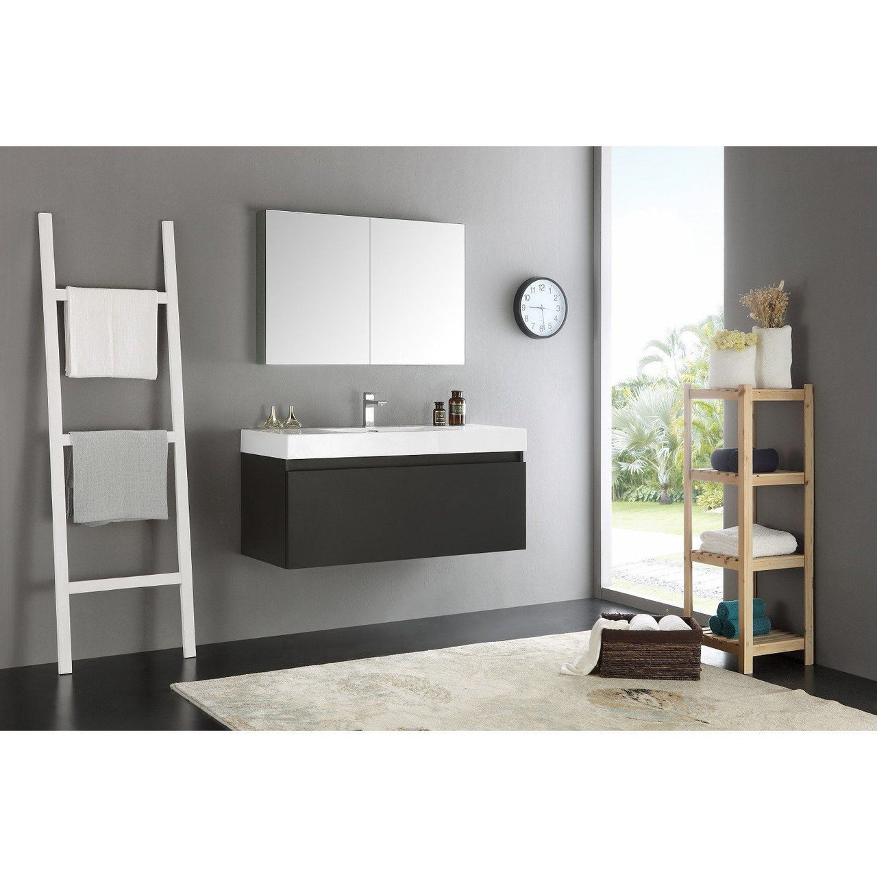 Fresca Mezzo 48" Black Wall Hung Modern Vanity w/ Medicine Cabinet & Free Faucet Vanity Fresca 