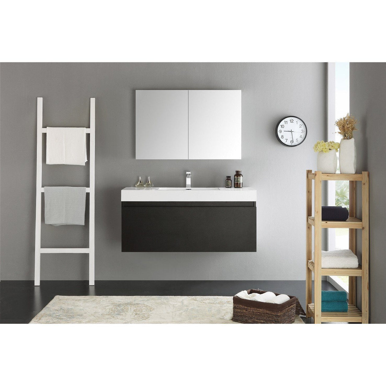 Fresca Mezzo 48" Black Wall Hung Modern Vanity w/ Medicine Cabinet & Free Faucet Vanity Fresca 