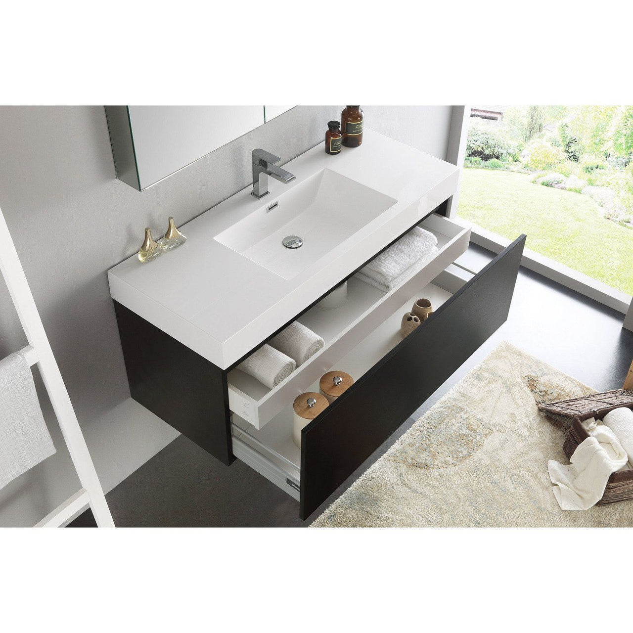 Fresca Mezzo 48" Black Wall Hung Modern Vanity w/ Medicine Cabinet & Free Faucet Vanity Fresca 