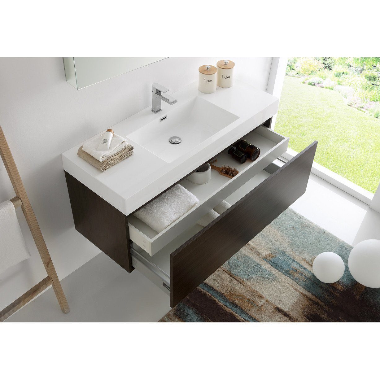 Fresca Mezzo 48" Gray Oak Wall Hung Modern Vanity w/ Medicine Cabinet & Free Faucet Vanity Fresca 