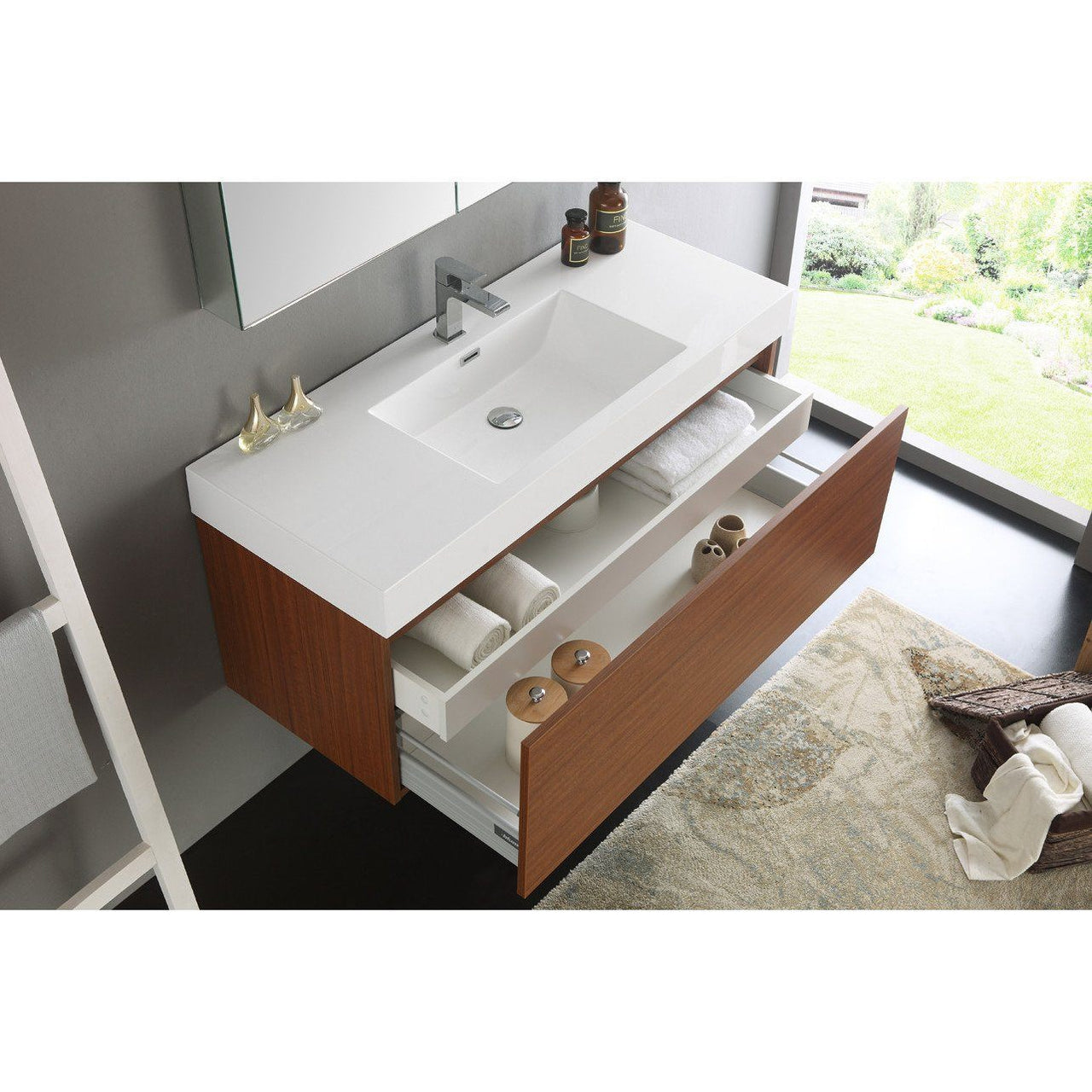 Fresca Mezzo 48" Teak Wall Hung Modern Bathroom Vanity w/ Medicine Cabinet & Free Faucet Vanity Fresca 