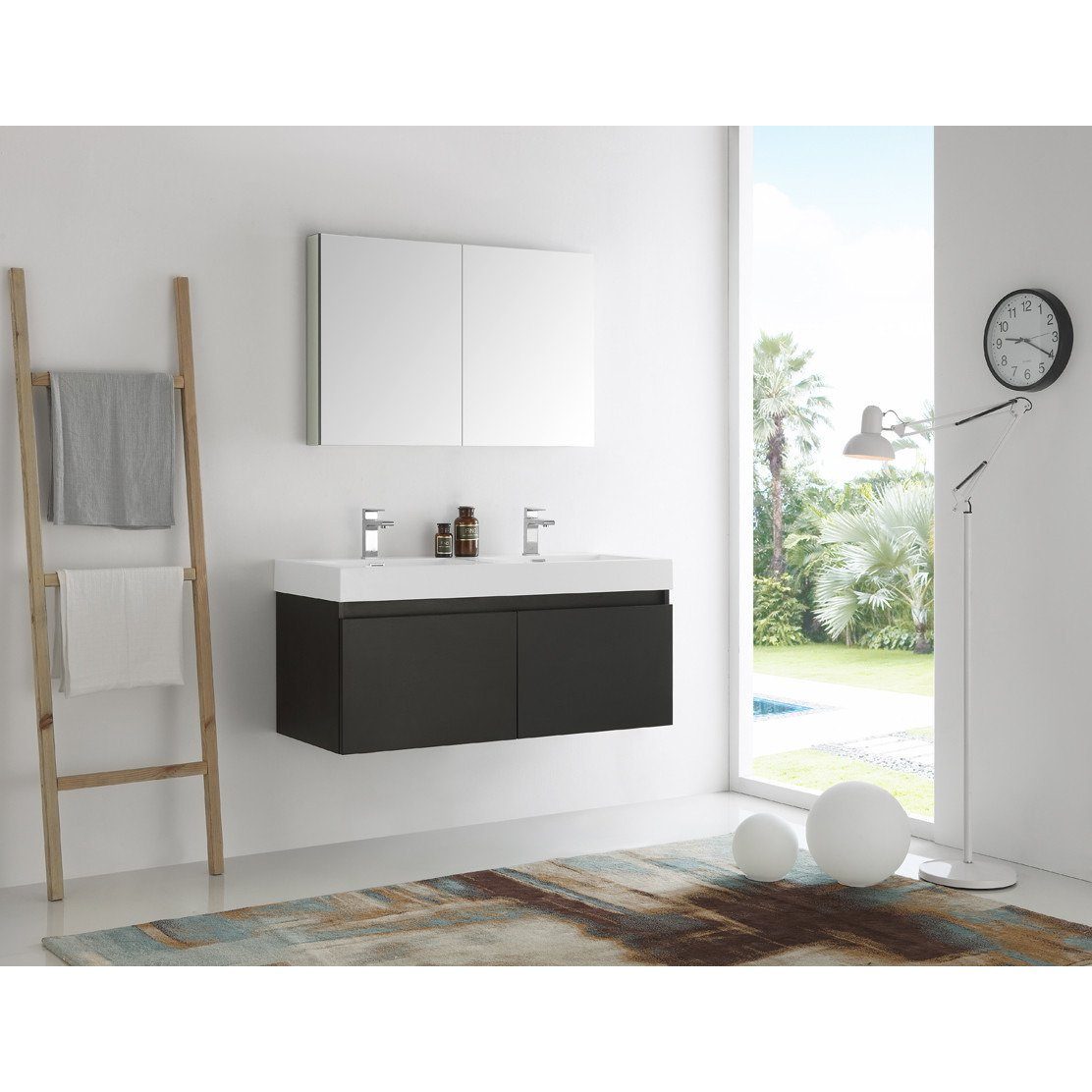 Fresca Mezzo 48" Black Wall Hung Double Sink Modern Bathroom Vanity w/ Medicine Cabinet & Free Faucet Vanity Fresca 