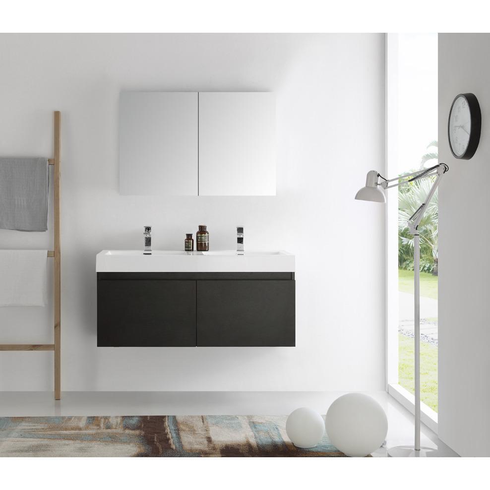 Fresca Mezzo 48" Black Wall Hung Double Sink Modern Bathroom Vanity w/ Medicine Cabinet & Free Faucet Vanity Fresca 
